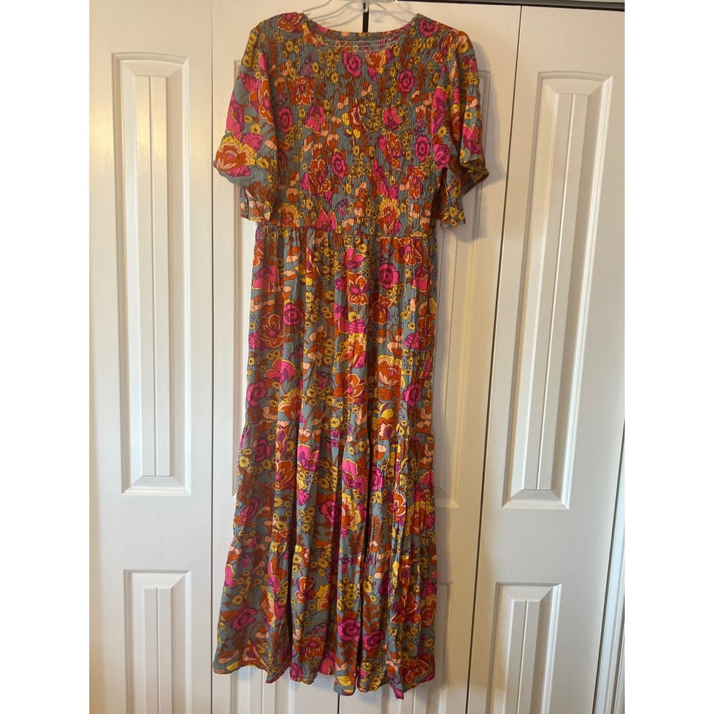 Floral Smocked Tiered Maxi Dress Pink Orange Blue Boho Short Sleeve 2XL